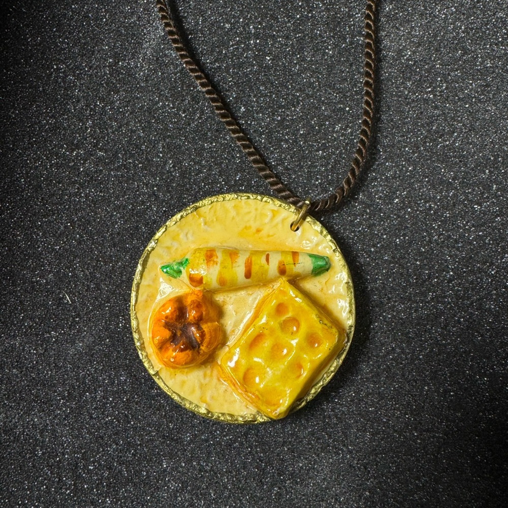Vintage West Germany Food Pendant Necklace – Ceramic Bread & Veggie Plate